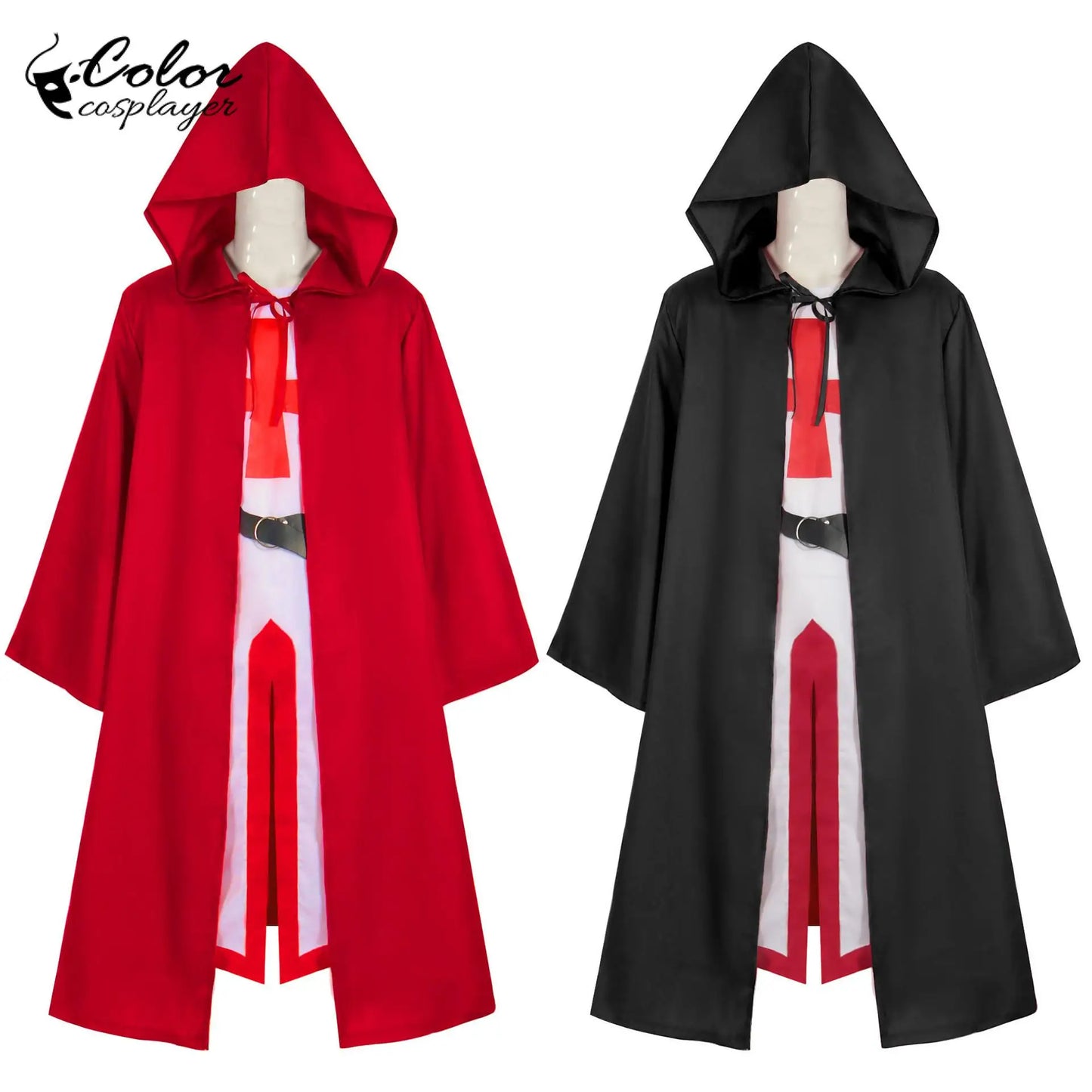 Color Cosplayer Medieval Knights Templar Tunic Cosplay Costumes Renaissance Surcoat Warrior Outfit Renaissance Black Cloak Top