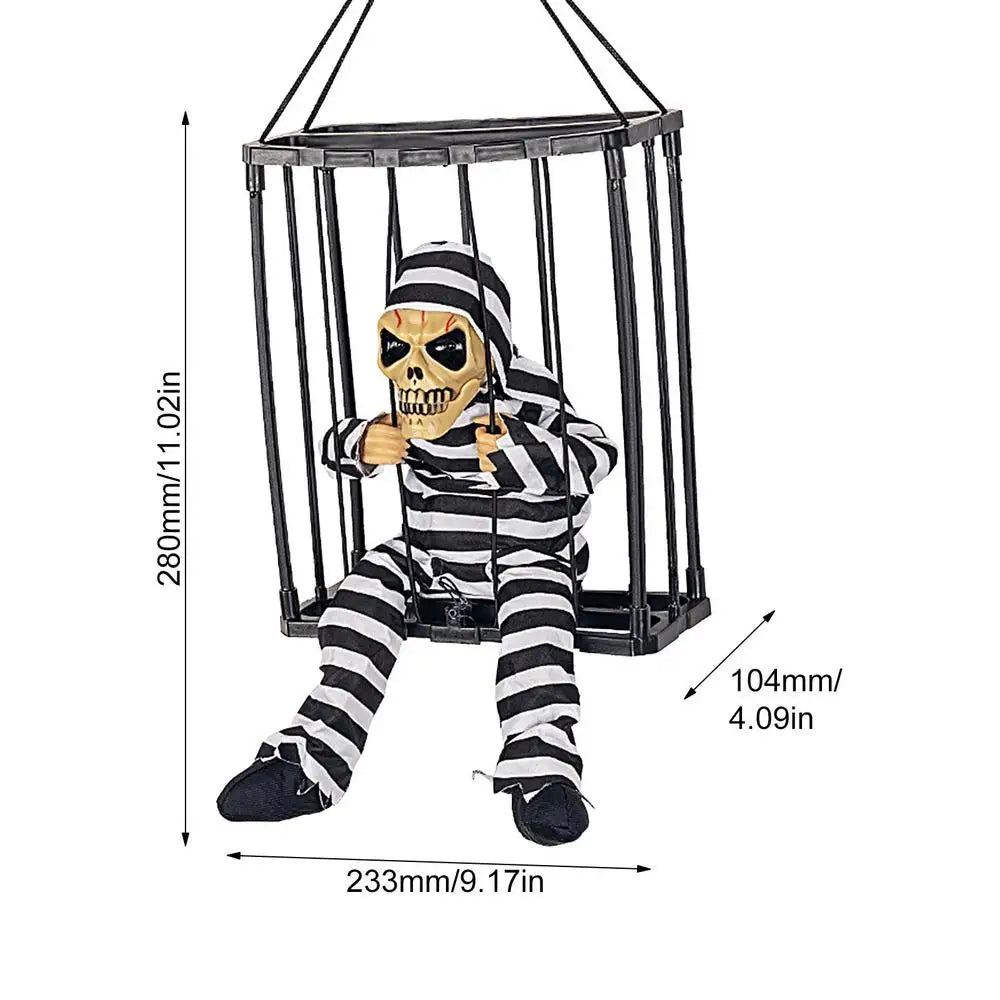 New Halloween Hanging Ghost In Cage Prop Statue Voice Control Cage Design Luminous Skull Figurine Scary Talking Prisoner Decor