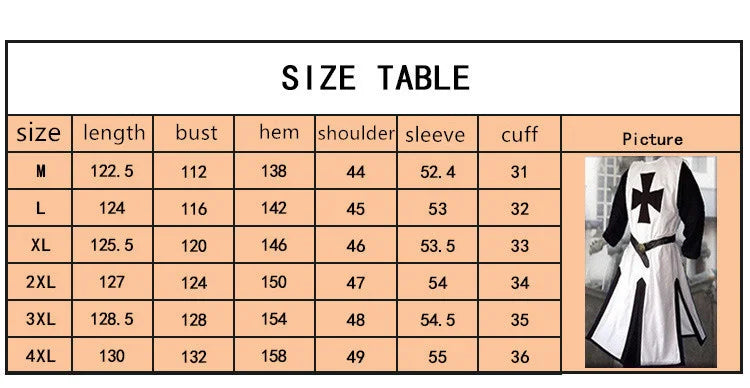 Plus Size Men Medieval Cosplay Robes Templar Knight Crusader Surcoat Long Sleeve Short Tops Reenactment Costume