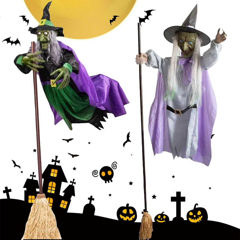 Halloween Flying Witch on Broom Decor with Luminous Eyes Animated Witch Decor 180cm Outdoor Hovering Witch for Indoor Outdoor