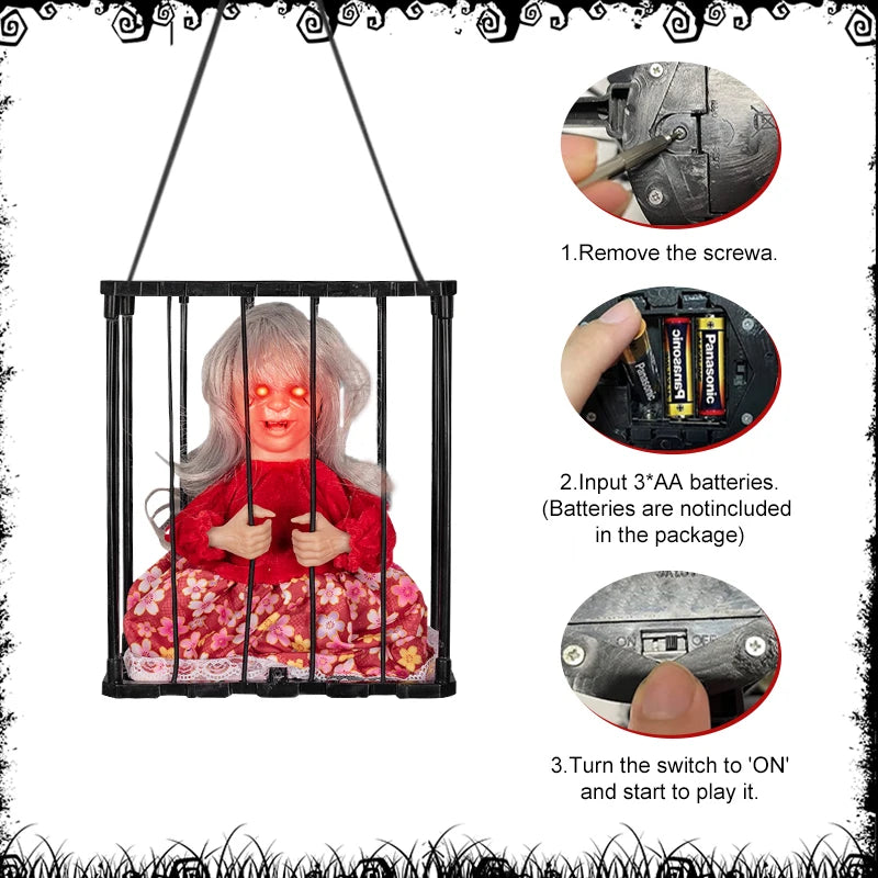 Animated Halloween Decoration Scary Prisoner Activated Sensor Light Up Eyes Spooky Sound Skull Ghost Haunted House Hanging Decor