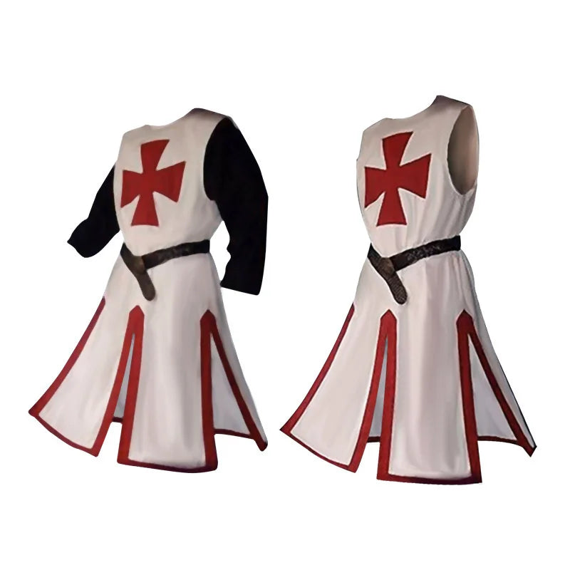 Plus Size Men Medieval Cosplay Robes Templar Knight Crusader Surcoat Long Sleeve Short Tops Reenactment Costume