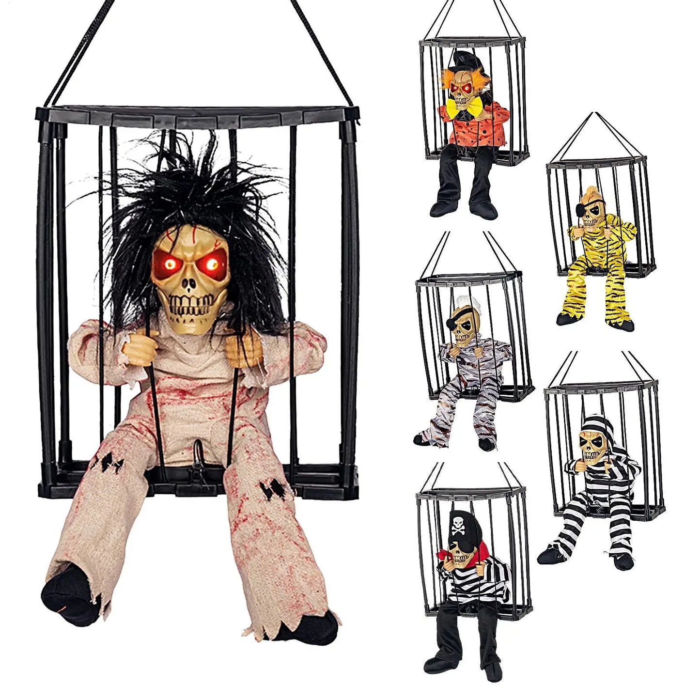 New Halloween Hanging Ghost In Cage Prop Statue Voice Control Cage Design Luminous Skull Figurine Scary Talking Prisoner Decor