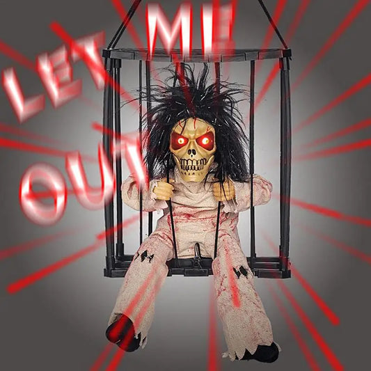 New Halloween Hanging Ghost In Cage Prop Statue Voice Control Cage Design Luminous Skull Figurine Scary Talking Prisoner Decor
