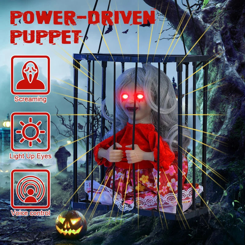 Animated Halloween Decoration Scary Prisoner Activated Sensor Light Up Eyes Spooky Sound Skull Ghost Haunted House Hanging Decor