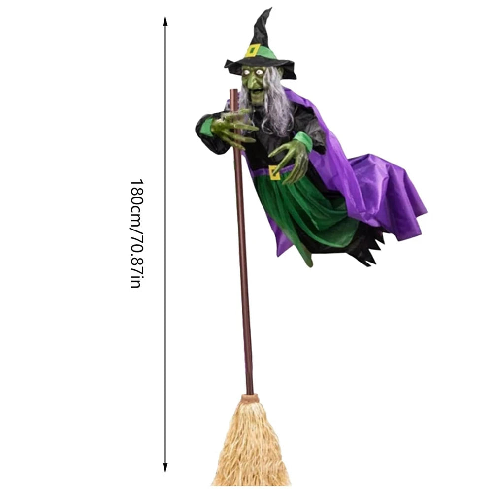 Halloween Flying Witch on Broom Decor with Luminous Eyes Animated Witch Decor 180cm Outdoor Hovering Witch for Indoor Outdoor