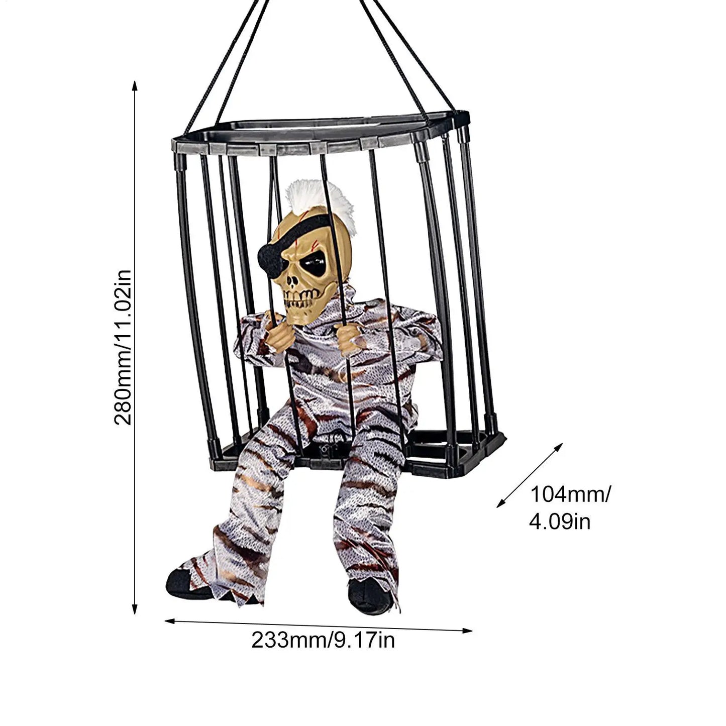 New Halloween Hanging Ghost In Cage Prop Statue Voice Control Cage Design Luminous Skull Figurine Scary Talking Prisoner Decor