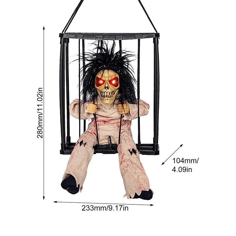 New Halloween Hanging Ghost In Cage Prop Statue Voice Control Cage Design Luminous Skull Figurine Scary Talking Prisoner Decor