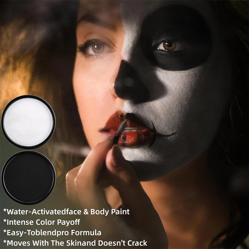 Black White Red 30G Monochromatic Water Solubility Body Makeup Face Paint with Brushes for Halloween Christmas Masquerade Party