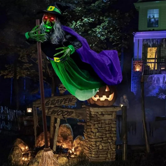 Halloween Flying Witch on Broom Decor with Luminous Eyes Animated Witch Decor 180cm Outdoor Hovering Witch for Indoor Outdoor