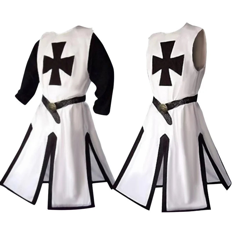 Plus Size Men Medieval Cosplay Robes Templar Knight Crusader Surcoat Long Sleeve Short Tops Reenactment Costume