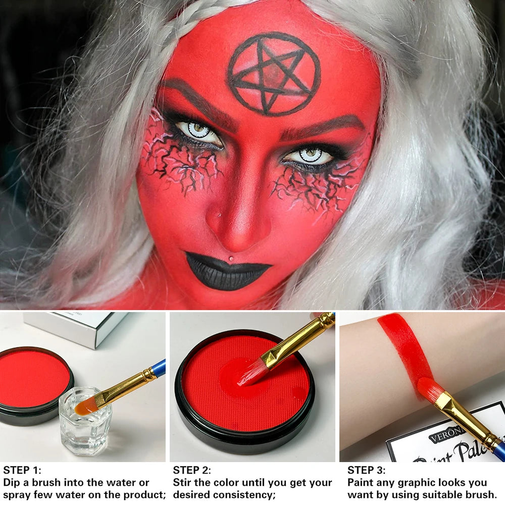 Black White Red 30G Monochromatic Water Solubility Body Makeup Face Paint with Brushes for Halloween Christmas Masquerade Party