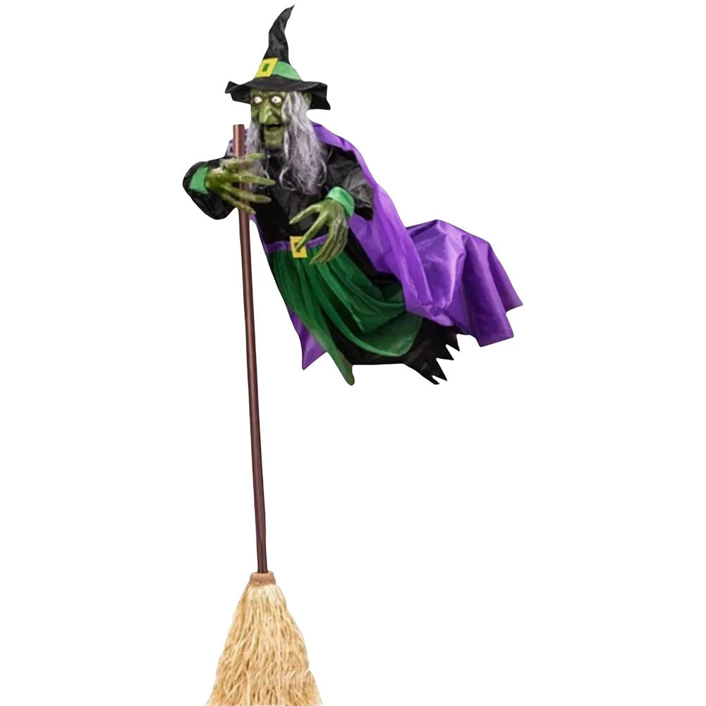 Halloween Flying Witch on Broom Decor with Luminous Eyes Animated Witch Decor 180cm Outdoor Hovering Witch for Indoor Outdoor