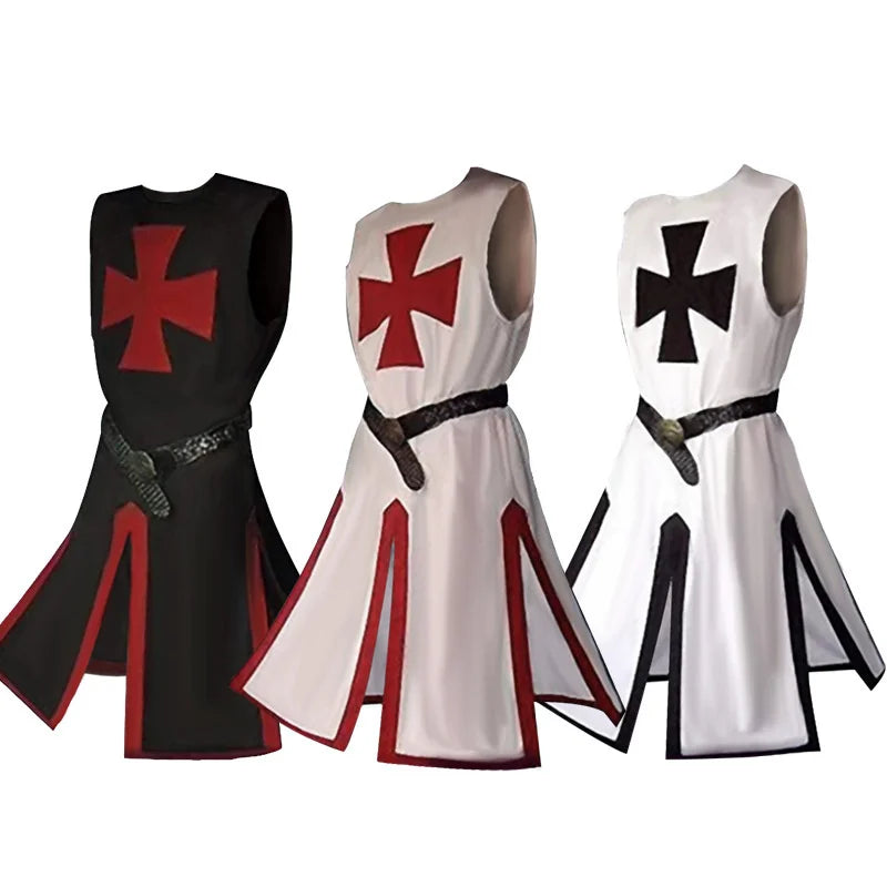 Plus Size Men Medieval Cosplay Robes Templar Knight Crusader Surcoat Long Sleeve Short Tops Reenactment Costume