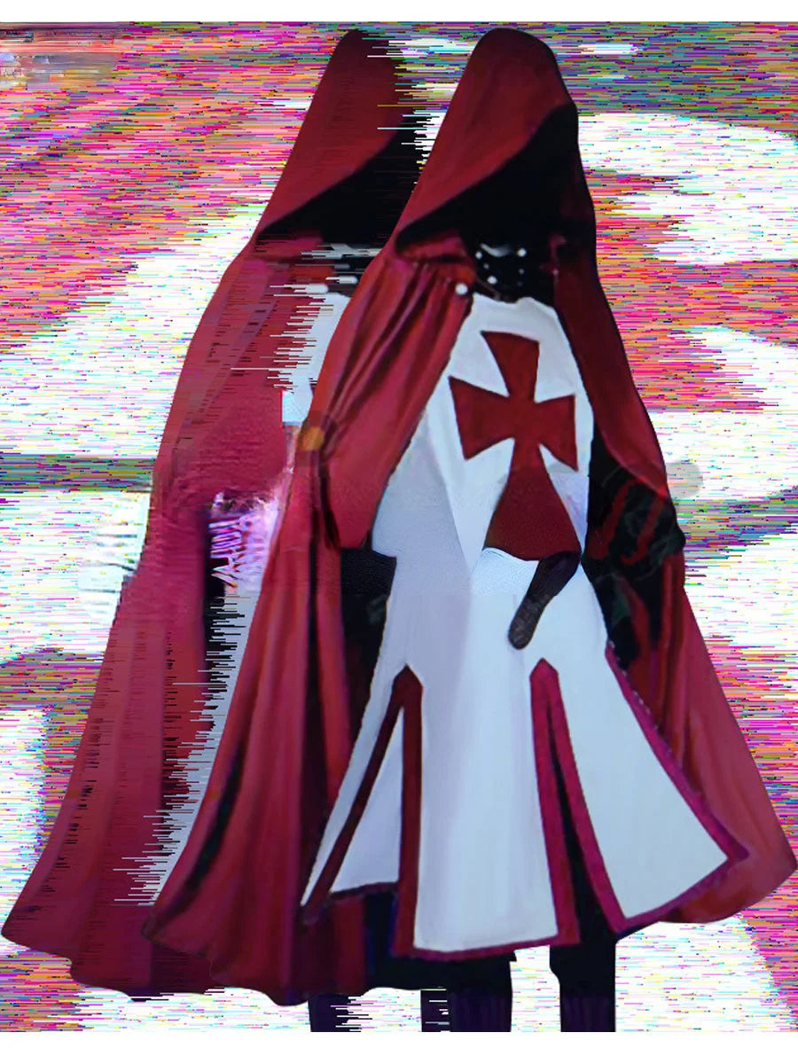 Plus Size Men Medieval Cosplay Robes Templar Knight Crusader Surcoat Long Sleeve Short Tops Reenactment Costume