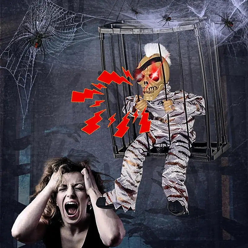 New Halloween Hanging Ghost In Cage Prop Statue Voice Control Cage Design Luminous Skull Figurine Scary Talking Prisoner Decor