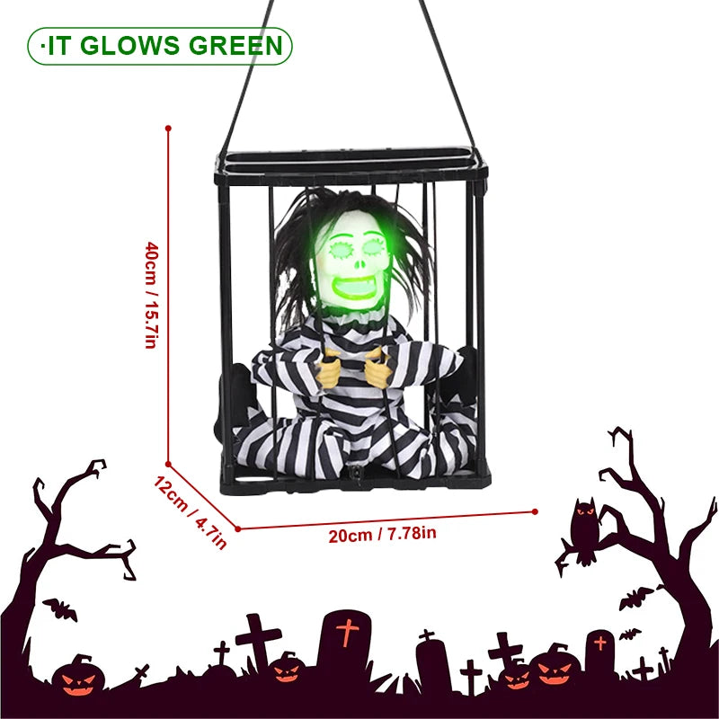 Animated Halloween Decoration Scary Prisoner Activated Sensor Light Up Eyes Spooky Sound Skull Ghost Haunted House Hanging Decor