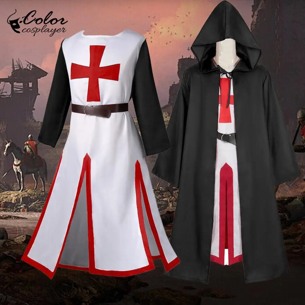 Color Cosplayer Medieval Knights Templar Tunic Cosplay Costumes Renaissance Surcoat Warrior Outfit Renaissance Black Cloak Top