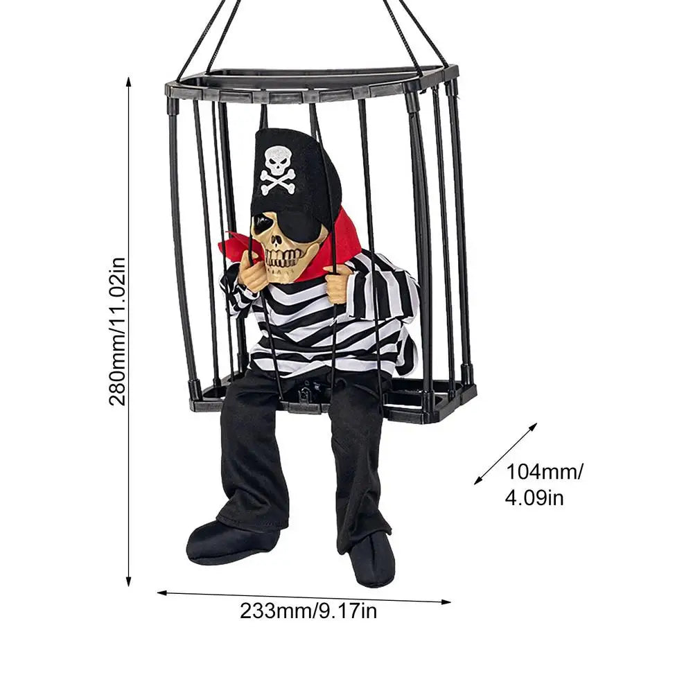 New Halloween Hanging Ghost In Cage Prop Statue Voice Control Cage Design Luminous Skull Figurine Scary Talking Prisoner Decor