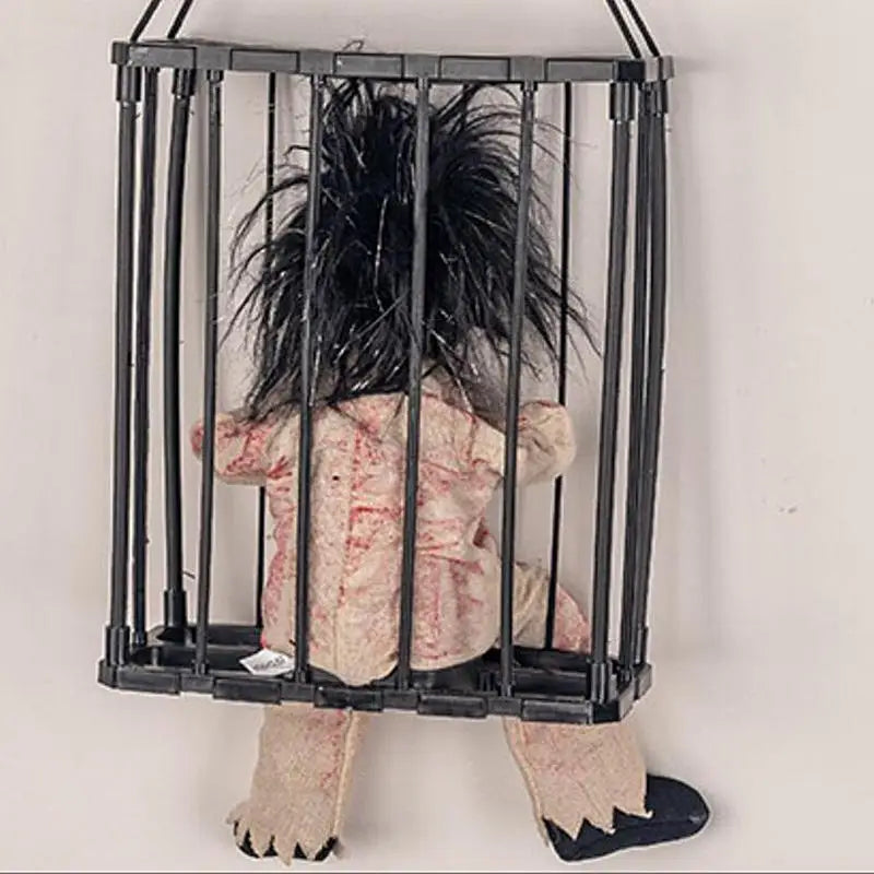 New Halloween Hanging Ghost In Cage Prop Statue Voice Control Cage Design Luminous Skull Figurine Scary Talking Prisoner Decor