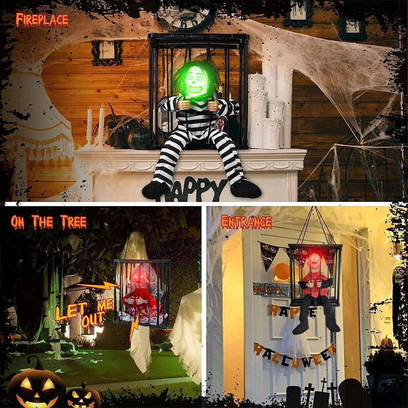 Animated Halloween Decoration Scary Prisoner Activated Sensor Light Up Eyes Spooky Sound Skull Ghost Haunted House Hanging Decor