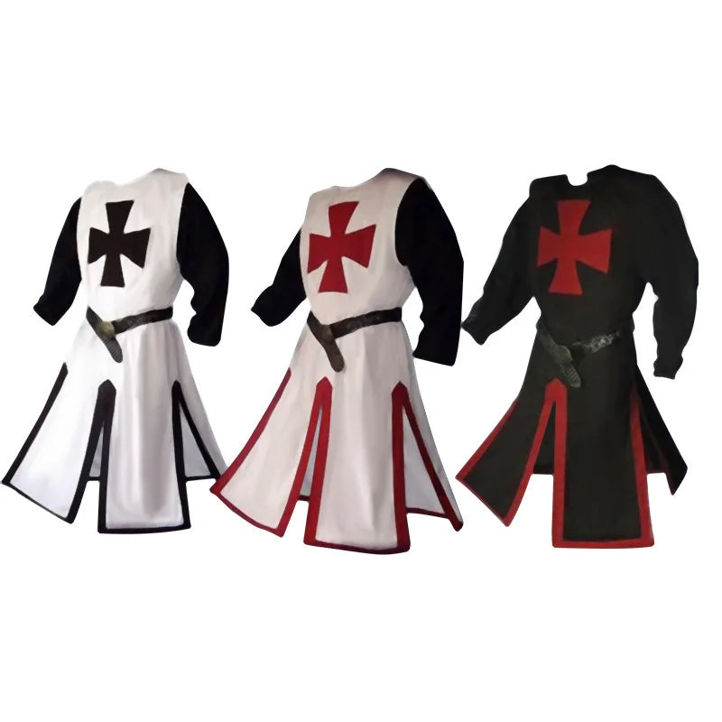 Plus Size Men Medieval Cosplay Robes Templar Knight Crusader Surcoat Long Sleeve Short Tops Reenactment Costume