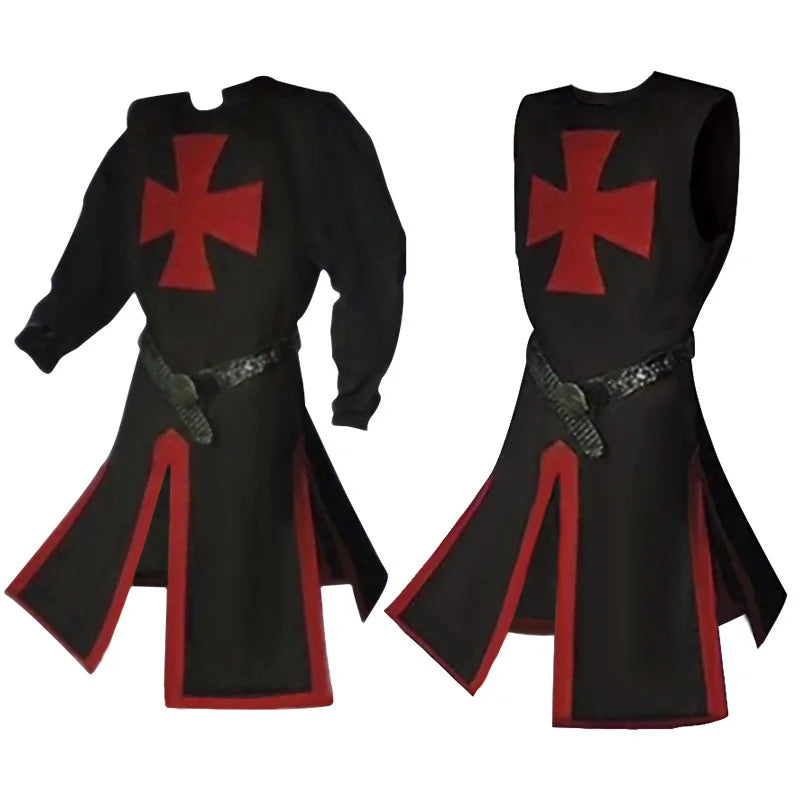 Plus Size Men Medieval Cosplay Robes Templar Knight Crusader Surcoat Long Sleeve Short Tops Reenactment Costume